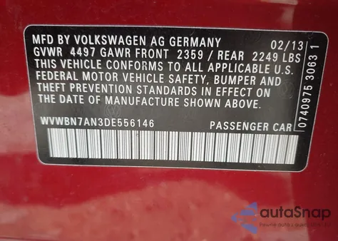 2013 Volkswagen Cc 2.0T Sport from USA, damaged, VIN WVWBN7AN3DE556146